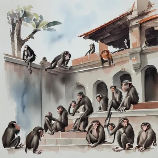 Prompt: Monkeys and birds arguing on a session hall in watercolor