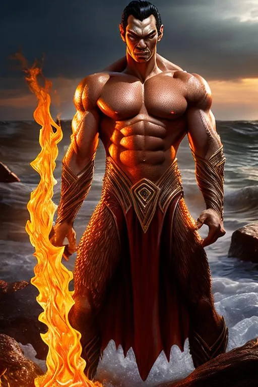 Prompt: High-resolution hyperrealistic image of namor the submariner merged with human torch jim hammond, highly detailed, photorealistic, uhd, hdr, 64k