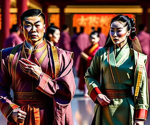 Prompt: A captivating image emerges - An Asian Man and Woman are donning a unique fusion of Eastern and Western attire. Each is wearing a long necktie that adds a touch of formality, while each is wearing overcoat robes that makes their outfits look similar to business suits. They radiate strength, resembling terra cotta warriors wearing neckties. The scene is set amidst the backdrop of a warehouse and/or hangar, evoking a realistic and picturesque landscape. The photograph captures the essence of this intriguing blend, inviting viewers to delve deeper into the fusion of cultures.