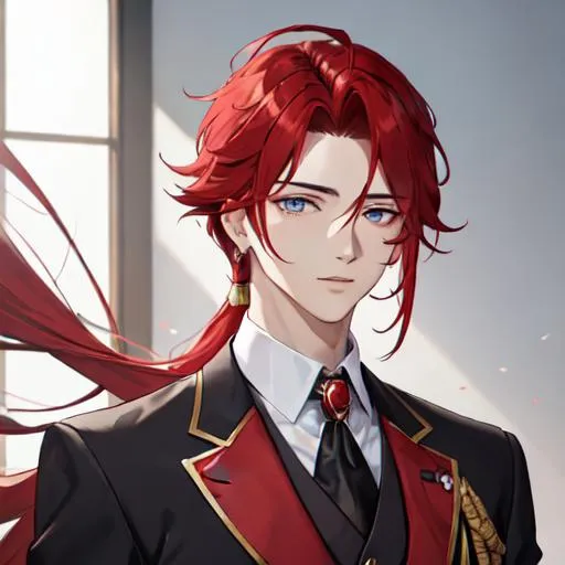 Prompt: Zerif 1male (Red side-swept hair covering his right eye) wearing a royal suit