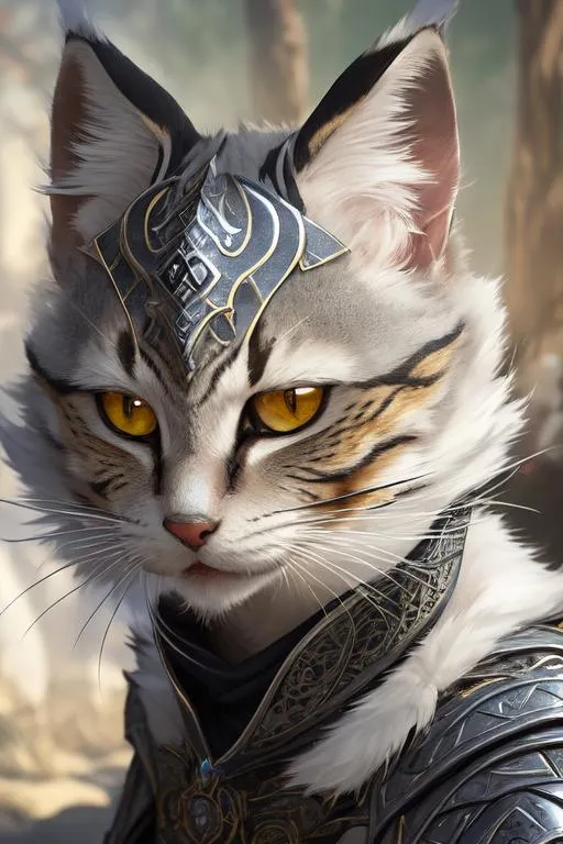 Prompt: (masterpiece), (best quality:1.2), (intricate detail), dynamic angle, looking at viewer, (1female 1male), ((solo)), (((full body))), (slender), (((tabaxi))), (((white fur))), ((blue pupils)), (((light armor))), black armor, ((cloak)), mysterious, ((ominous expression))