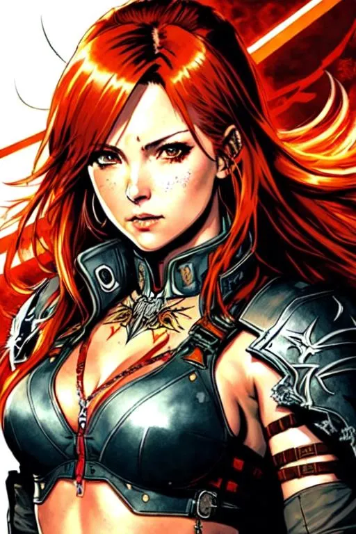 Prompt: Devil May Cry Art (((Yoji Shinkawa))), sticker of ultra detailed portrait of Becky Lynch, in detailed black holy armor, high quality cell shaded illustration in post apocalyptic style by Yoji Shinkawa, ((full body)), dynamic pose, perfect anatomy, centered, freedom, soul, red long hair,tan skin approach to perfection, cell shading, 4k , cinematic dramatic atmosphere, watercolor painting, global illumination, detailed and intricate environment, artstation, concept art, fluid and sharp focus, volumetric lighting, cinematic lighting, Art by Ilya Kuvshinov
