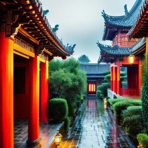 Prompt: long shot super detailed lifelike illustration, intricately detailed, dramatic weather, gorgeous detailed Chinese old house, tree house, rainy day, old street, middle ages, brick road in front of house, old town, temple, buddha

masterpiece photoghrafic real digatal ultra realistic hyperdetailed 

 cinematic light, movie, contrast 


volumetric lighting maximalist photo illustration 4k, resolution high res intricately detailed complex,

soft focus, realistic, heroic fantasy art, clean art, professional, colorful, rich deep color, concept art, CGI winning award, UHD, HDR, 8K, RPG, UHD render, HDR render, 3D render cinema 4D