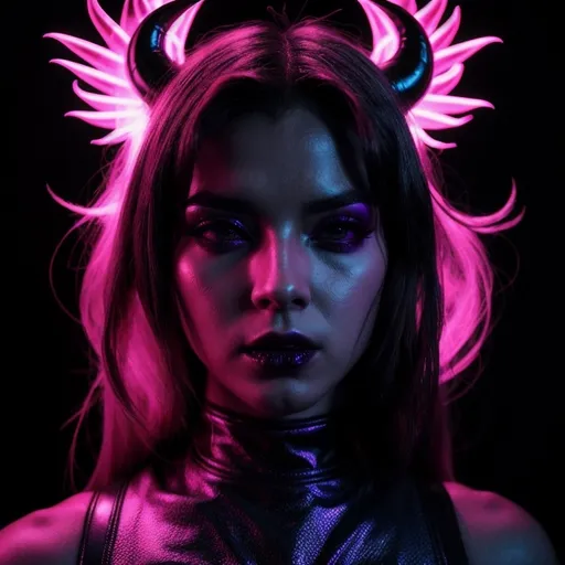 Prompt: beautiful female demon, hell, demonic, vaporwave, retro, neon, aesthetic, liminal, high quality, high definition, beautiful, dramatic lighting