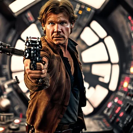 Prompt: han Solo with a thick mustache holding a blaster played by harrison ford with a thick mustache.