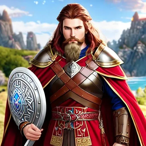 Prompt: An Elven Paladin wearing red and white Viking/Slavic style armor with a red and white tunic. brown hair, blue eyes, short beard, large mustache.