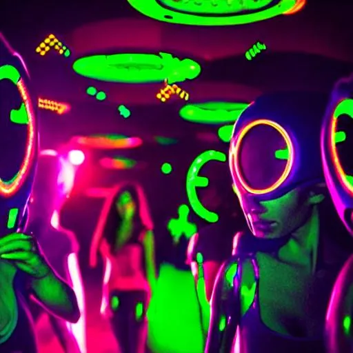 Prompt: realistic 90s acid  Futuristic technology teen aliens at a arcade dark warehouse rave party 