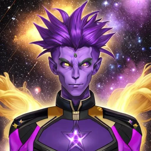 Prompt: A high quality alien man with purple skin and purple hair and yellow eyes, wears a uniform, surrounded by stars, a golden string dances around him, science fiction, beautiful, colorful, handsome 