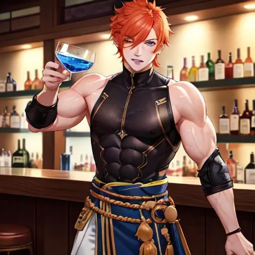 Prompt: Erikku male (short ginger hair, freckles, right eye blue left eye purple) muscular, UHD, 8K, Highly detailed, insane detail, best quality, high quality. at the bar, drinking liquor