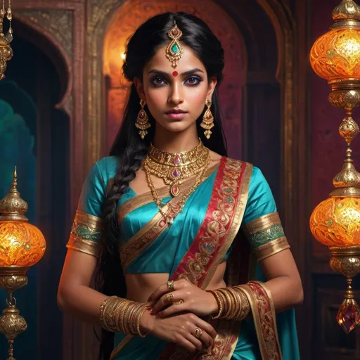 Prompt: Beautiful Indian female in traditional attire, intricate jewelry, elegant sari, fantasy RPG game style, enchanting femme fatale, high quality, vibrant colors, detailed embroidery, mystical atmosphere, ornate accessories, intricate makeup, fantasy RPG, traditional Indian, vibrant colors, detailed jewelry, arrogant gaze, mystical lighting, bossy pose, full body