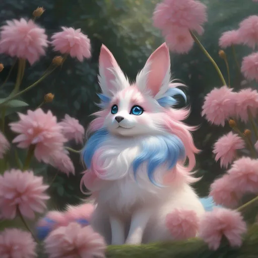 Prompt: (Sylveon), realistic, photograph, epic oil painting, (hyper real), furry, (hyper detailed), extremely beautiful, sprawling on back, belly up, paws in the air, playful, UHD, studio lighting, best quality, professional, 8k eyes, 8k, highly detailed, highly detailed fur, hyper realistic creamy fur, canine quadruped, (high quality fur), fluffy, fuzzy, full body shot, zoomed out view of character, perfect composition, trending, instagram, artstation, deviantart, best art, best photograph, unreal engine, high octane, cute, adorable smile, peaceful, (highly detailed background), vivid, vibrant, intricate facial detail, incredibly sharp detailed eyes, incredibly realistic golden retriever fur, concept art, anne stokes, yuino chiri, character reveal, extremely detailed fur, sapphire sky, complementary colors, golden ratio, rich shading, vivid colors, high saturation colors, nintendo, pokemon, silver light beams