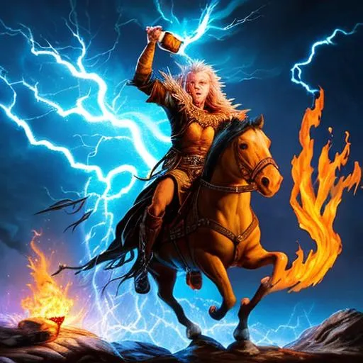 Prompt: fantasy, wizard drinking beer, magical, lightning, fire, mug, riding a steed