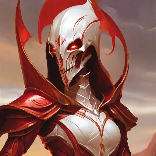 Prompt: world of warcraft style, phyrexian, a very tall, almost skeletally thin humanoid figure. Her body was composed of red sinuous flesh and white metallic porcelain. Her eyeless face carried a broad shield-like body visor. Her mouth is filled with needle-like teeth., desolate background, radiant, art by greg rutkowski and artgerm, best quality, masterpiece