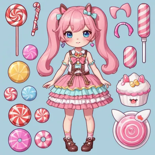 Prompt: A cute girly female candy themed adoptable with a lot of accessories that is an usagimimi on a ref sheet
