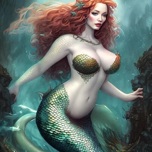 Prompt:  Christina Hendricks as a fantasy art 
mermaid


