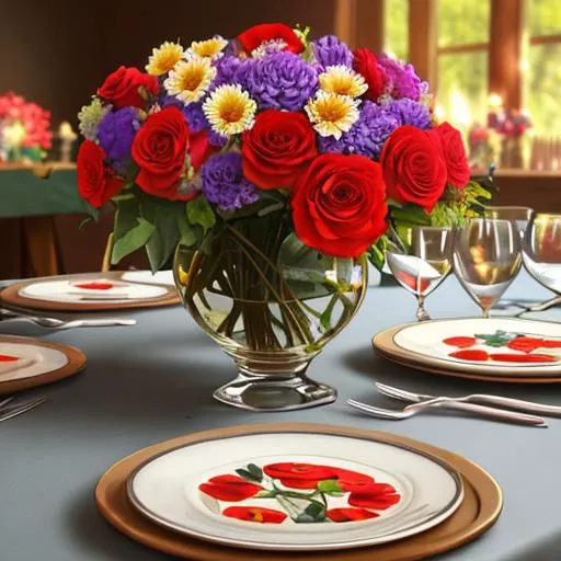 Prompt: A vase of flowers in the middle of a dinner table
