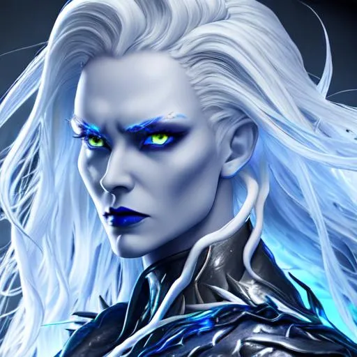 Prompt: Eldritch, female, while hair, buffed, storm bringer, beautiful, white, blue, hyper realistic, dark, beryllium, horror-like figure, 