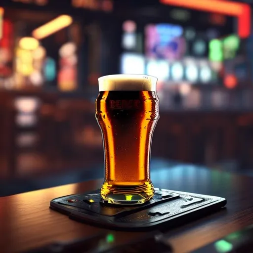 Prompt: Glass of beer with a Cyberpunk design in a futuristic setting