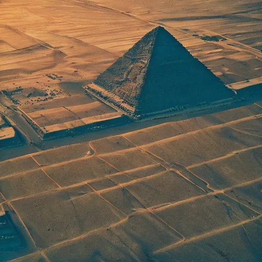 Prompt: Aerial landscape photography of the giza pyramids in the evening sun, color, grain, in the style of Ernst Haas