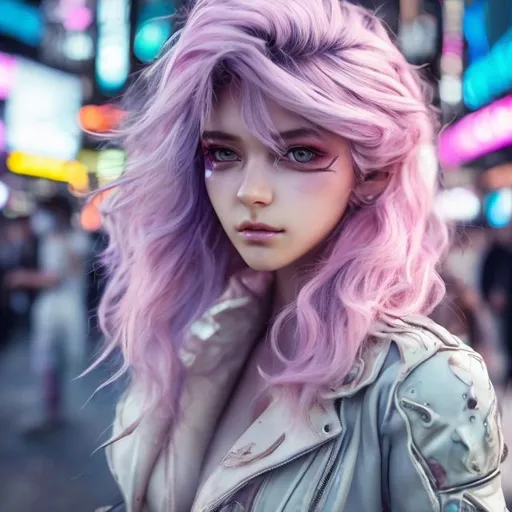 Prompt: New character. Pheromones. Seduct Young woman. beauty. Interesting eye makeup. Pastel coloured hair. Incredibly gorgeous. Sweet. Very Futuristic clothes. Realistic. Gritty. Detailed. Medium close-up. Neo Tokyo background