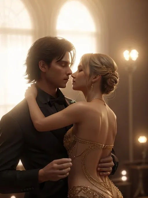 Prompt: 3D, HD, Dreamy, Epic, Stunning, Vivid, Loving married couple dancing,  Elegant Ballroom background, ultra-detailed, backlit, glamour, glimmer, shadows, unreal engine 5, ultra-sharp focus, detail, ominous, golden ratio, intricate, cinematic character render, 64K --s98500