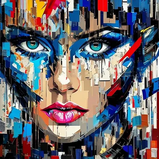 Prompt: stunning beautiful  portrait, Derek Gores style,  close up,blue eyes, pop art, full colors, abstract style, acrylic painting, palette knife, backgroud paint drop splatter, detailled