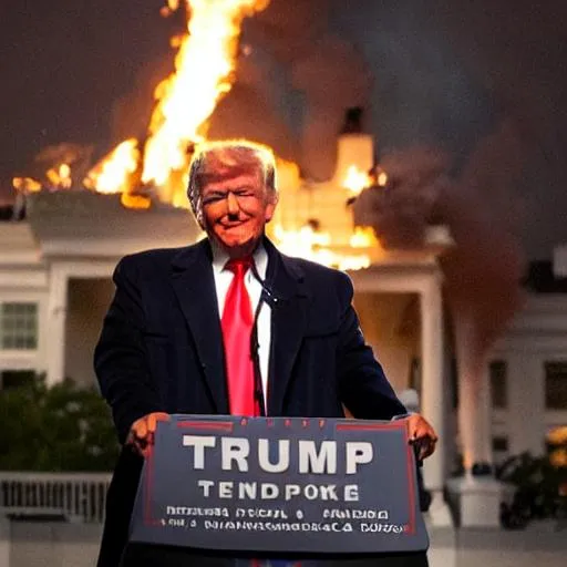 Prompt: donald trump takes smiling while burning the white house down