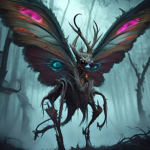 Prompt: Butterfly wendigo monster, digital illustration, eerie forest setting, surreal and colorful, intricate wings, haunting gaze, supernatural creature, detailed fur and antlers, high quality, highres, vibrant colors, fantasy, eerie, detailed eyes, surreal, atmospheric lighting