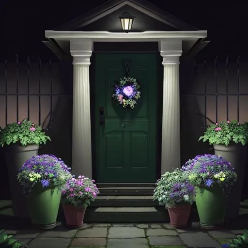 Prompt: night-time: 2.0, garden, multicolored flowers, flower pots, pots, planter boxes, entryway, dark sky, dark clouds, 
very soft █►green◄█ theme, dark shadows, dark walls, dim lights, (some cyan small things:0.8), 
♦♦ doorstep, letterbox, front porch, porch, foyer, stool, garden bench, butterflies, bees, flowers, watering can, garden tools, hair flower, hair ribbon, pail, 

■■ {{{{best quality, 8k resolution photography, artistic photography, photorealistic, masterpiece}}}}, 