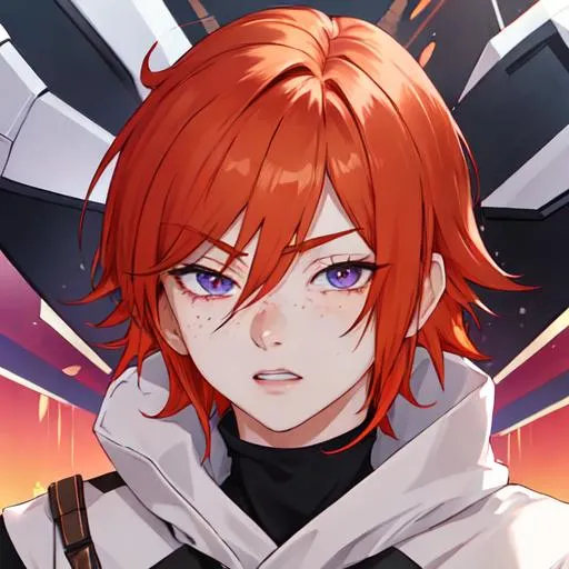 Prompt: Erikku male adult (short ginger hair, freckles, right eye blue left eye purple) UHD, 8K, Highly detailed, insane detail, best quality, high quality, anime style