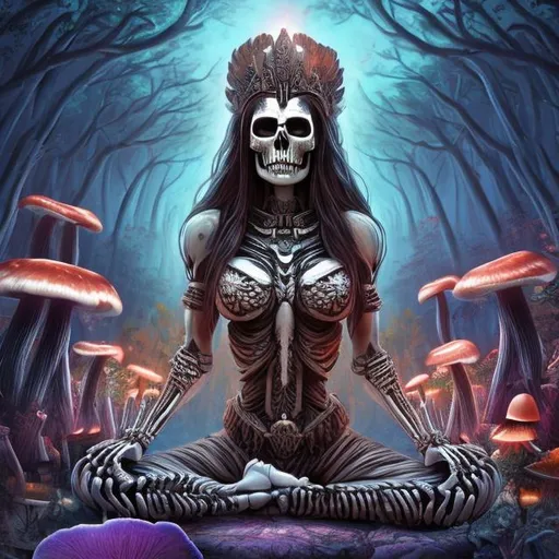 Prompt: A beautiful skeleton goddess with long dark hair in a “warrior 2” yoga pose in the middle of a mushroom forest that is illuminated with rich colors 64k 