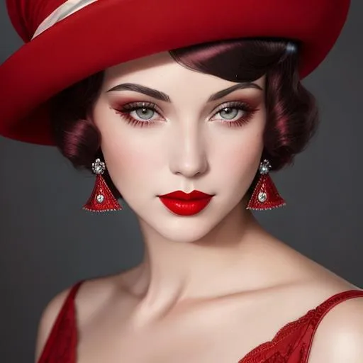 Prompt: a pretty girl  dressed in red, wearing a  large red hat 1920's era, bob hair cut, 1950's era makeup, facial closeup