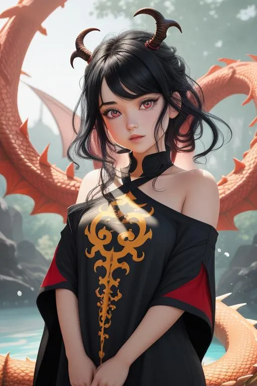 Prompt: loose oversize dress t-shirt, bright colors, symmetrical, beautiful little girl, solo, one has jet-black hair and vermilion red eyes, and the other has blond hair and blue eyes, each exuding a different charm. intricate dragon horns, tail, perfect composition, hyperrealistic, super detailed, 8k, high quality, Splash art, front, epic Instagram, artstation, hyperdetailed intricately detailed, unreal engine, intricate detail, complementary colors, concept art, 8k, heavy strokes, splash arts, full height, full body focus,