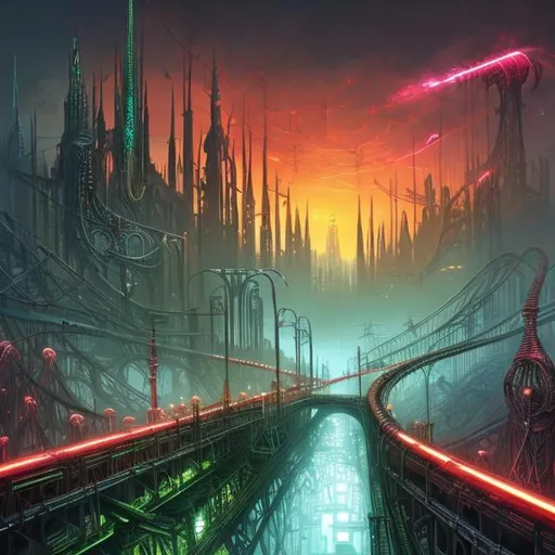 Prompt: Fantasy art style, painting, metal, chrome, bridges, metropolis, city, crowded city, overpopulation, pollution, Evil, dictatorship, green neon lights, neon lights, green lights, futuristic, biological mechanical, dystopian, pipes, tubes, cables, nuclear weapons, weapons, teeth, brutalist, fog, smog