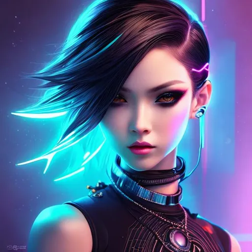 Prompt: neon punk. mysterious lady. insanely beautiful. perfect anatomy. symmetrically perfect face. beautiful long black. beautiful amber eyes. hyper realistic. super detailed. soft colours. no extra limbs or hands or fingers or legs or arms.