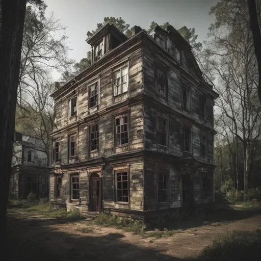 Prompt: Old run down building 1800s style in forest