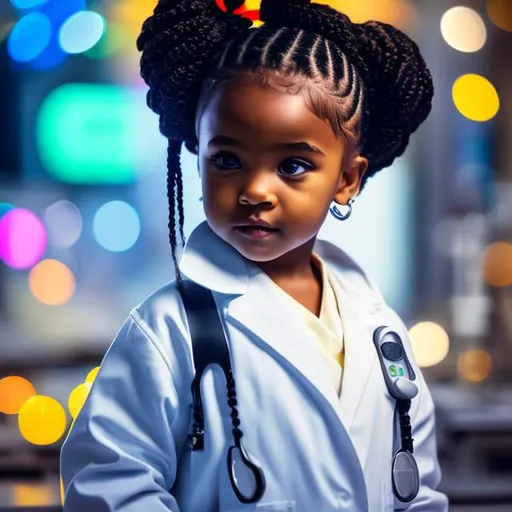 Prompt: Please produce a photograph of a beautiful little black girl with robot in laboratory, lab coat, cocoa brown skin color, with robot, ponytails, pigtails, braids, beads, dreadlocks, nighttime background, high quality, trending art, trending on art station, sharp focus, studio photo, intricate details, highly detailed, UHD, HDR, 8K, ((Masterpiece))