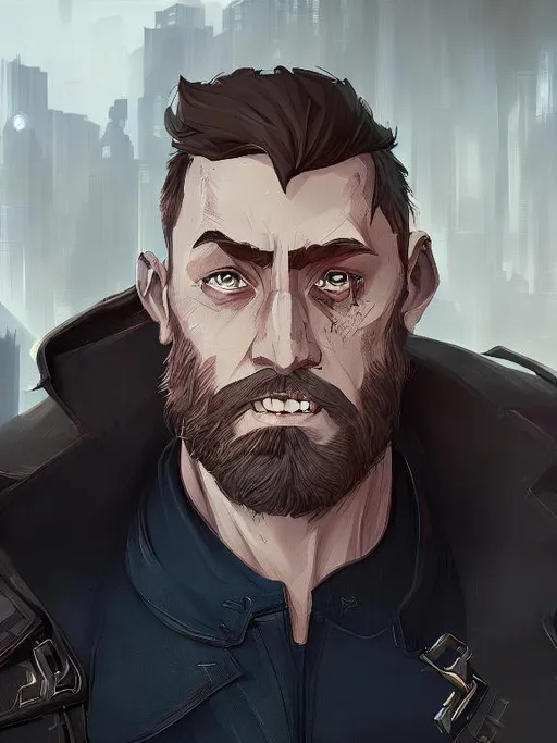 Prompt: Male Derek Brunet taking a profile picture behind a dystopian city