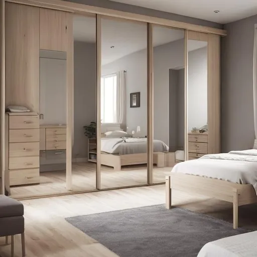 Prompt: create a bedroom with a sliding wardrobe and bed with two side tables and a dressing area