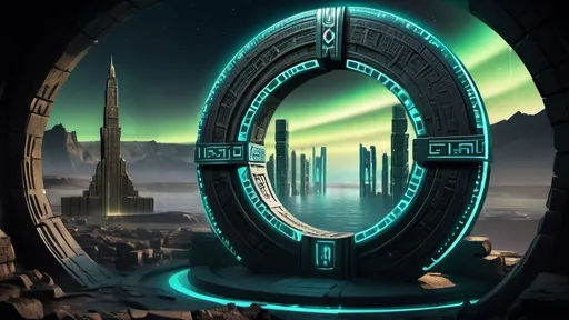 Prompt: magical portal between cities realms worlds kingdoms, circular portal, ring standing on edge, upright ring, freestanding ring, hieroglyphs on ring, complete ring, ancient aztec architecture, atlantis setting, aurora borealis, panoramic view, dark night, futuristic cyberpunk tech-noir setting