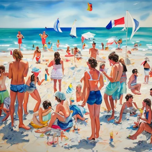 Prompt: A French beach party for my housewarming in The Hague and 30 year birthday painting