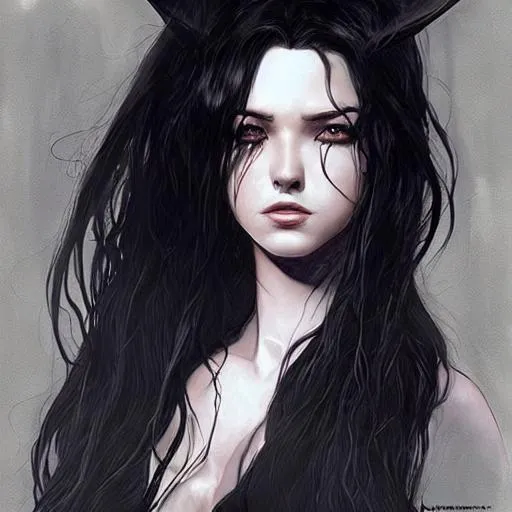 a witch with long black hair art by artgerm and fel...