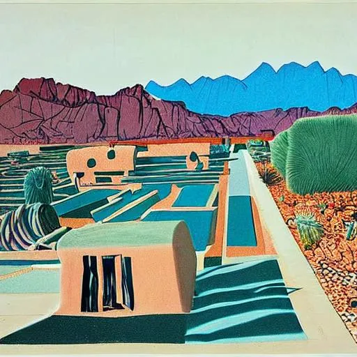 Prompt: Slab city, desert, still life, David Hockney drawing 