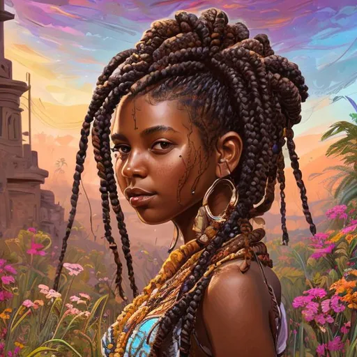 Prompt: Please produce a illustration of a beautiful black girl anthropologist working in the field, brown skin color, with braids, fantasy colors, daytime, background, high quality, trending art, trending on art station, sharp focus, studio photo, intricate details, highly detailed, UHD, HDR, 8K, ((Masterpiece))