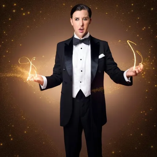 Prompt: Magician in a tuxedo casting a sparkly magic spell from in between his legs below his waist 