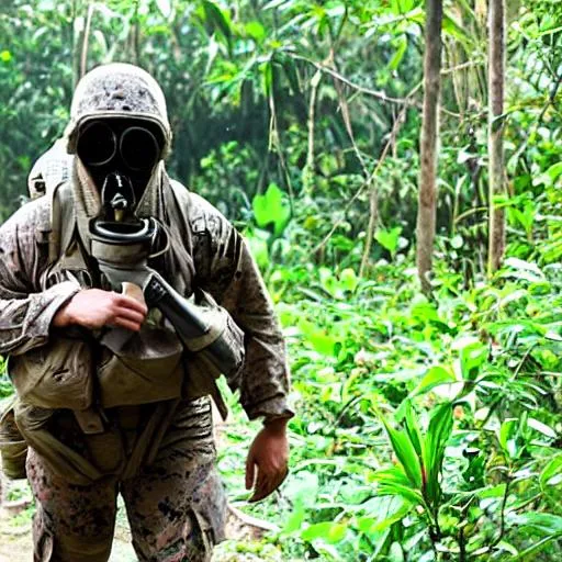 Prompt: US marine wearing gas masks walking through the jungles of Vietnam