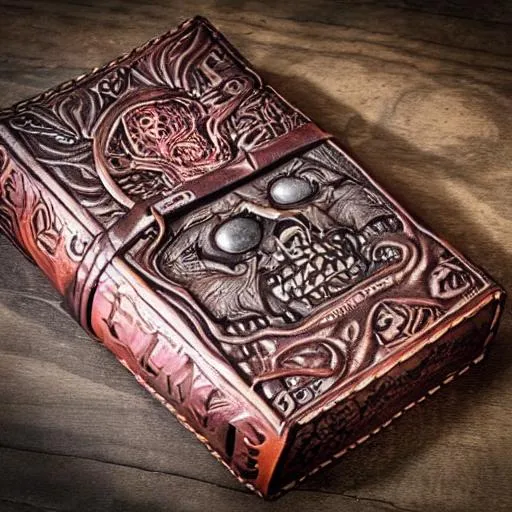 Prompt: A carved leather necronomicon