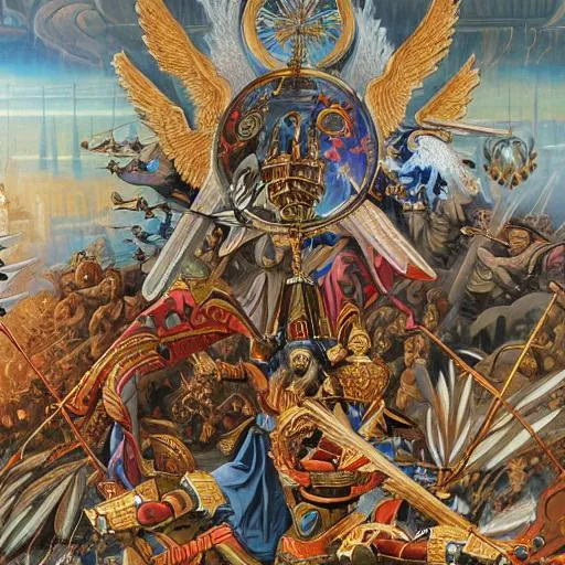Prompt: clean semi-symmetrical beautiful fantasy detailed realistic illustration battle between Holy Russian Empire, angelic Human Space Marines, eastern Russian cross, year 2400, holy war, battle, space, sky, molten, energies, weapons, roman, byzantine, helmets