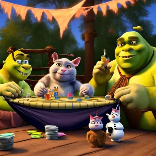 Prompt: Shrek, a kitten, and olaf playing poker in a hammock