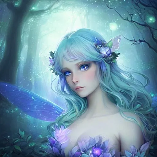 Prompt: an ethereal fairy goddess,dreamscape , night forest background, pastel,  blue eyes, facial closeup